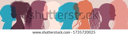 Silhouette group of multiethnic women who talk and share ideas and information. Women social network community. Communication and friendship between women or girls of diverse cultures