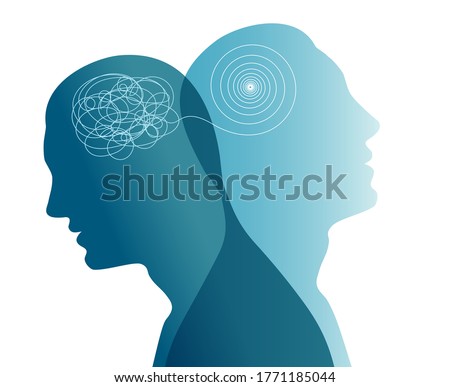 Metaphor bipolar disorder mind mental. Double face. Split personality. Concept mood disorder. Dual personality concept. 2 Head silhouette.Mental health. Psychology. Tangle and untangle