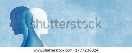 Metaphor bipolar disorder mind mental. Double face. Split personality. Concept mood disorder. Dual personality concept. 2 Head silhouette.Mental health. Imagination. Web banner. Copy space