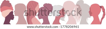 Silhouette group of multiethnic women who talk and share ideas and information. Social network female community. Communication and friendship between women or girls of diverse cultures 