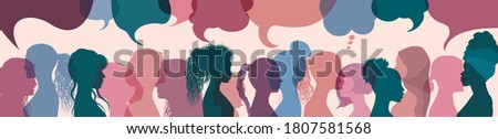 Silhouette group multiethnic women who talk and share ideas and information. Women social network community. Communication and friendship women or girls diverse cultures. Speech bubble