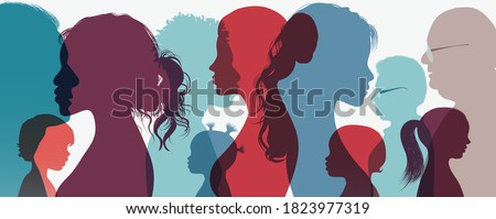 Together group generation.Family concept.Mother Father parents fellow toddler grandparents daughter son grandchildren brother sister boy girl young baby.Human silhouette face head profile