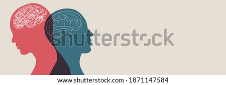Metaphor bipolar disorder mind mental. Double face. Split personality. Concept mood disorder. Psychology. Dual personality concept. 2 Head silhouette.Mental health. Tangle and untangle Photo stock © 
