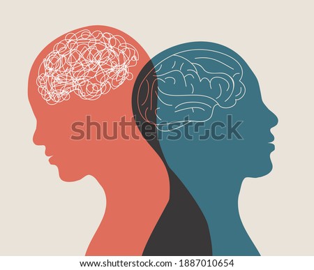 Metaphor bipolar disorder mind mental. Double face. Split personality. Concept mood disorder. 2 Head silhouette.Psychology. Mental health. Dual personality concept. Tangle and untangle
