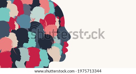Silhouette profile group of men and women of diverse culture. Diversity multi-ethnic and multiracial people. Concept of racial equality and anti-racism. Multicultural. Banner copy space