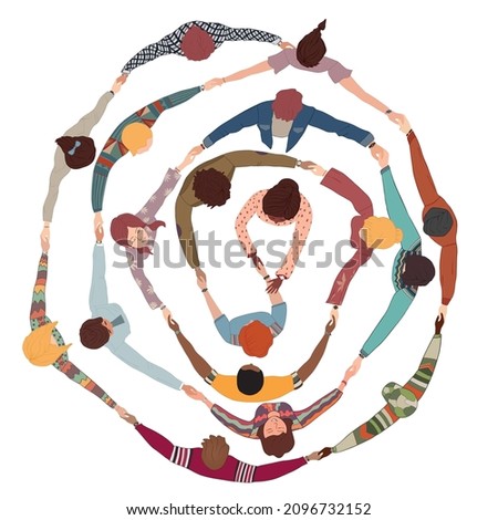Chain of group of isolated people in a circle from divers cultures holding hands. Cooperation and teamwork.Community of friends or volunteers. Partnership. Top view. Multiethnic people