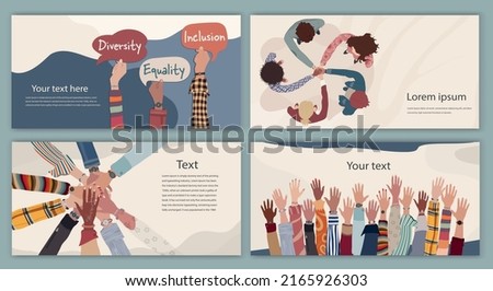 Volunteer people concept web page banner poster editable template. Raised arms and hands up multiethnic people. Multicultural people in a circle with hands on top of each other top view