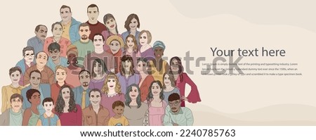 Various people of different ages. Group people diversity men women children teenagers senior. Diverse cultures. Racial equality concept. Multicultural crowd. Allyship. Banner copy space