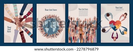 Volunteer people group concept flyer brochure poster editable template.Multicultural people with raised hands. People diversity holding heart.Hands in a circle. Solidarity.NGO Aid concept