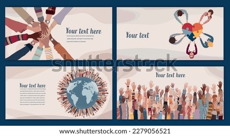 Volunteer people group concept landing page poster editable template. Multicultural people with raised hands. People diversity holding heart.Hands in a circle. Solidarity. NGO Aid concept