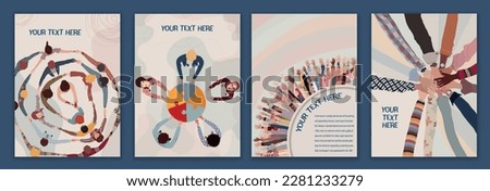 Volunteer people concept brochure leaflet poster editable template. Raised arms and hands up multicultural people. People diversity in a circle with hands on top of each other top view