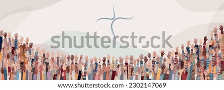 Group of many Christians people with raised hands praying or singing. Christianity in the world.Christian worship.Concept of faith and hope in Jesus Christ.Background with christian cross