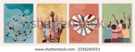 Volunteer people group concept banner brochure poster editable template. Raised hands multicultural people.Diverse people holding hands in a circle.Solidarity.NGO Aid concept.Heart shape