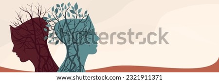 Metaphor bipolar disorder mind mental. Double face with puzzle brain. Split personality. Concept mood disorder. 2 Head silhouette.Psychology. Dual-personality. Psychiatry. Mental health