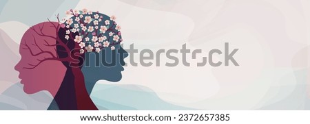 Metaphor bipolar disorder mind mental. 2 Head silhouette with flowering tree and bare tree. Mental health concept. Split personality. Mood disorder. Psychology. OurMindsMatter. Burnout