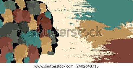 Head silhouette of black man containing many heads of African and African American people.Black history month.Black Ethnic group.Racial equality - justice - identity - anti-racism.Banner