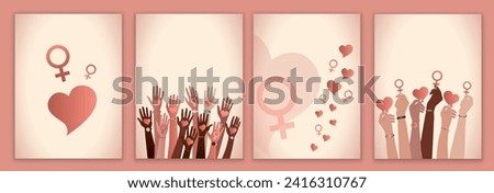 Group of raised hands of multicultural women holding red heart and female symbol. International women’s day. Diversity - inclusion - equality or empowerment concept.Template poster banner