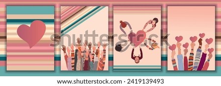 Group of raised hands of multicultural women holding red heart shape. International women's day. Women in a circle. Diversity - inclusion - equality or empowerment concept. Template poster banner