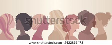 Silhouette of a group of multicultural women. International Women s Day. Concepts of diversity inclusion equality girl power and empowerment. Banner with copy space. Pink background