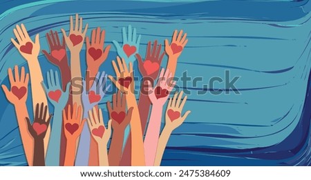 Banner whit abstract raised hands of multicultural volunteer people holding a heart. Charity and solidarity donation. Community of volunteers. Voluntary concept. NGO. Aid. Volunteerism