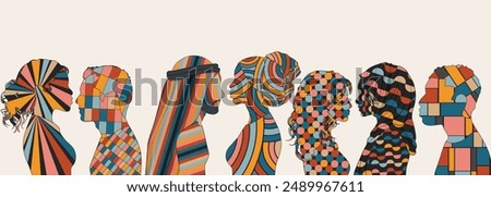 Side-view Silhouettes of people from Various Cultures. People Diversity. Anti-racism Concept for Racial Equality. Social Inclusion. Gender Equality.Multicultural People.Community.Banner