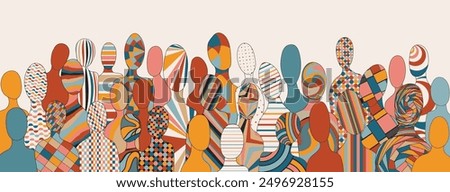 Abstract silhouettes front view with geometric figures of diverse people. Racial Equality Diversity Inclusion concept. Gender Equality. Mixed. Community diverse culture. Banner