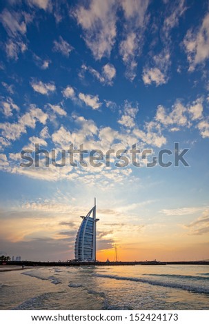 DUBAI, UAE, JANUARY 1: Burj Al Arab on Jumeirah Beach after a big thunderstorm. After the storm all what remains are spectacular clouds in the sky. New Years Day January 01, 2010