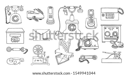 Vector vintage means of communication line drawing set. Retro black and white collection of wired rotary dial telephone, radio phone, telegraph, receiver, pigeon post, letter, stamps
