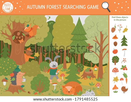 Vector autumn searching game with cute woodland animals. Find hidden objects in the forest. Simple fun educational fall season printable activity for kids with mushrooms, berries, plants
