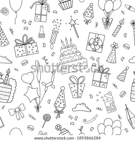 Vector black and white seamless pattern with cute happy Birthday design elements. Party celebration repeating background. Vector holiday digital paper with line presents, cake with candles 
