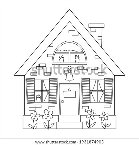 Vector black and white country house icon isolated on white background. Outline farm cottage illustration. Cute brick home with doorbell, plate, windows, curtains