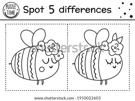 Forest find differences game for children with cute bumblebee. Woodland black and white activity and coloring page with insect. Spring printable worksheet. 


