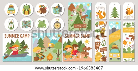 Cute set of Summer camp cards with forest animals, camping elements and kids. Vector square, round, vertical print templates. Active holidays or local tourism design for tags, postcards, ads
