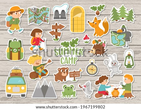Vector summer camp stickers set. Camping, hiking, fishing equipment patches collection with cute kids and forest animals on wooden background. Outdoor nature tourism patches pack 
