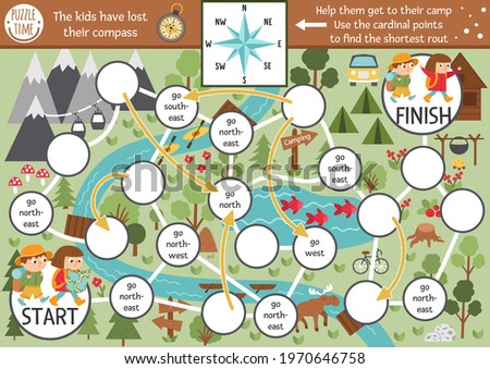 Summer camp dice board game for children with map and compass points. Active holidays boardgame with hiking children going to the camp. Family trip activity. Nature outdoor printable worksheet 
