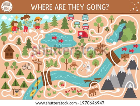 Summer camp maze for children. Active holidays preschool printable activity. Family nature trip labyrinth game or puzzle with cute hiking kids, camping map, mountains, waterfall and forest
