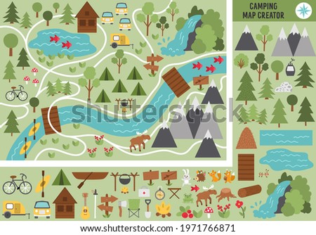 Camping map creator. Set of flat cartoon elements for constructing summer camp activity. Vector nature clip art with mountains, waterfall, trees, forest animals for hiking or campfire plan. 
