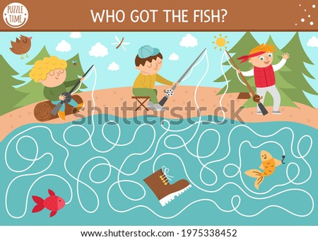 Summer camp maze for children. Active holidays preschool printable activity. Family nature trip labyrinth game or puzzle with cute fishing kids with rods. Who got the fish?
