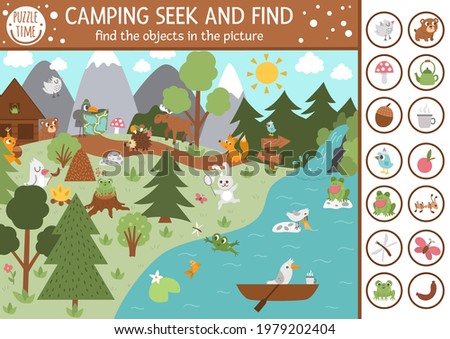 Vector camping searching game with cute animals in the forest. Spot hidden objects in the picture. Simple seek and find summer camp or woodland educational printable activity for kids
