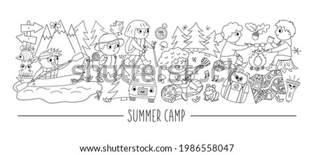 Vector black and white horizontal set with cute comic forest animals and children doing summer camp activities. Card template with woodland characters and kids on holidays. Active trip line border.
