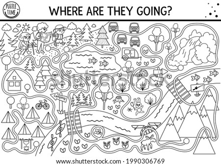 Black and white summer camp maze for children. Active holidays preschool outline printable activity. Family road trip labyrinth game or coloring page with cute hiking kids, camping map, mountains