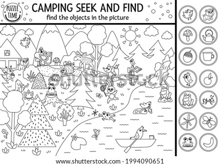 Vector black and white camping searching game or coloring page with cute animals in the forest. Spot hidden objects. Simple seek and find s outline summer camp or woodland printable activity 
