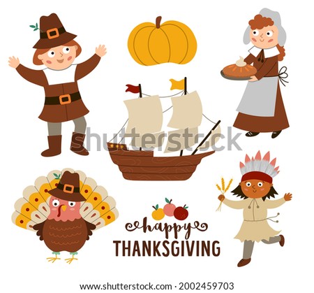 Thanksgiving Day characters set. Vector Autumn icons collection with pilgrims, native Indian, ship, turkey, pumpkin. Cute fall holiday collection