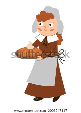 Vector pilgrim woman with pumpkin pie isolated on white background. Thanksgiving Day character. Autumn icon with first American people. Cute fall holiday settler illustration