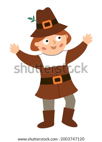 Vector pilgrim man isolated on white background. Thanksgiving Day character. Autumn icon with first American people. Cute fall holiday settler illustration