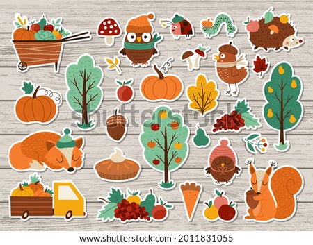Vector autumn stickers set. Fall patches collection with cute forest animals, trees, birds on wooden background. Fall holiday patches pack with garden elements, harvest, fruit, vegetables
