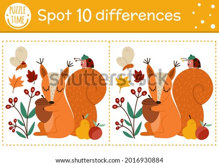 Find differences game for children. Autumn forest educational activity with squirrel and acorn. Printable worksheet with cute animal. Woodland puzzle for kids. Fall preschool sheet
