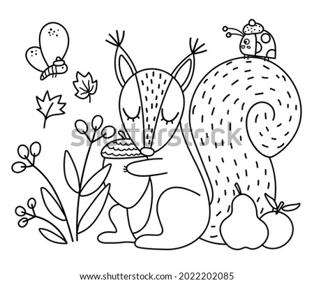 Black and white squirrel with acorn insects, fruits. Vector outline autumn scene with adorable animal. Fall season woodland scenery or coloring page. Funny forest line illustration.
