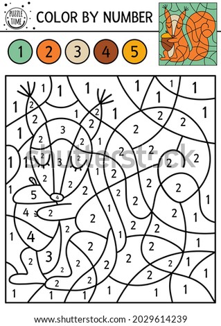 Vector forest color by number activity with squirrel and acorn. Autumn woodland counting game with cute animal. Funny fall or farm coloring page for kids. 
