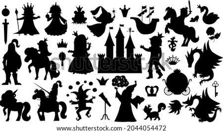 Fairy tale characters and objects silhouettes collection. Big black and white vector set of fantasy princess, king, queen, knight, unicorn, dragon. Medieval fairytale castle shadows pack